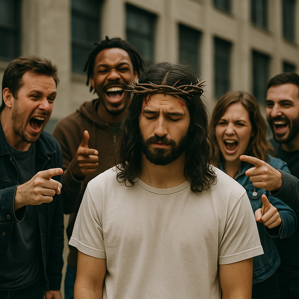 Modern day christ being mocked and jeered by ordinary people